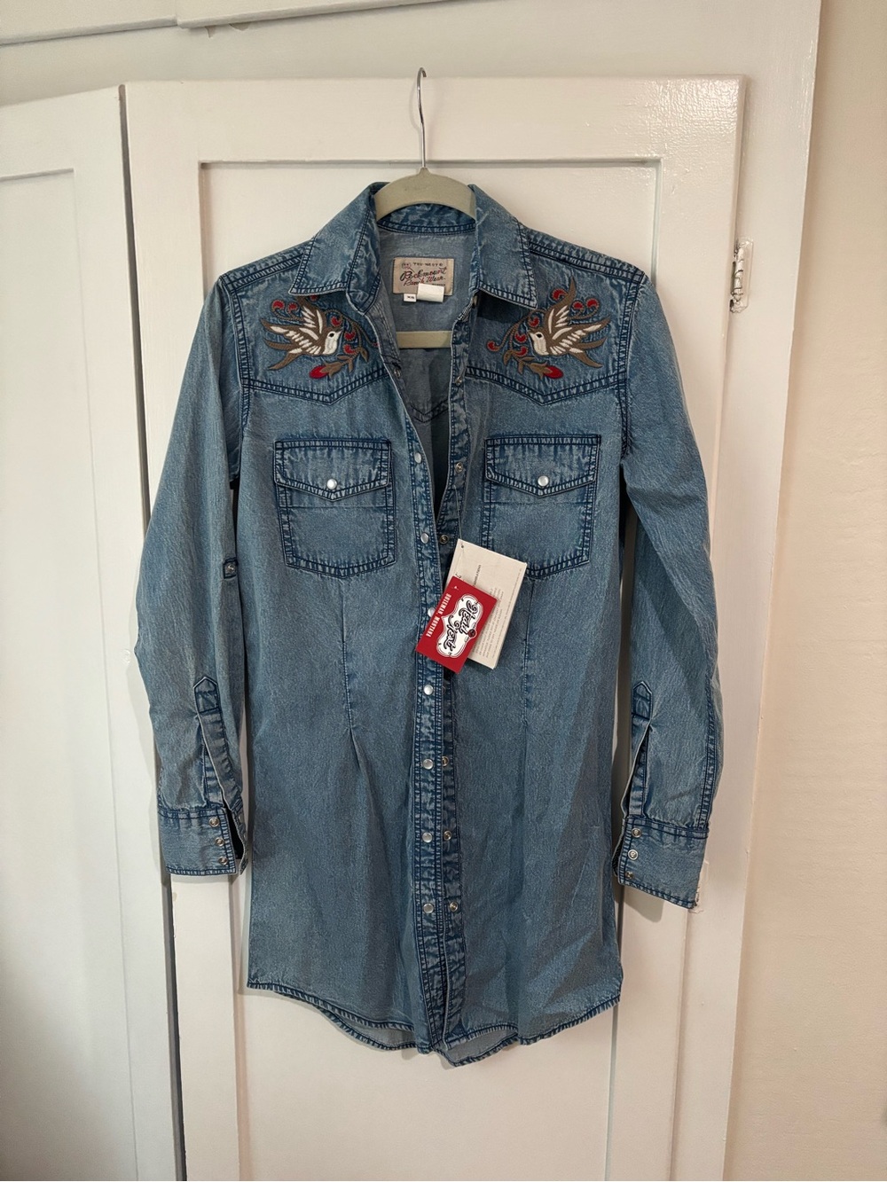 Women's Flying Swallows Embroidered Denim Western Shirt Dress